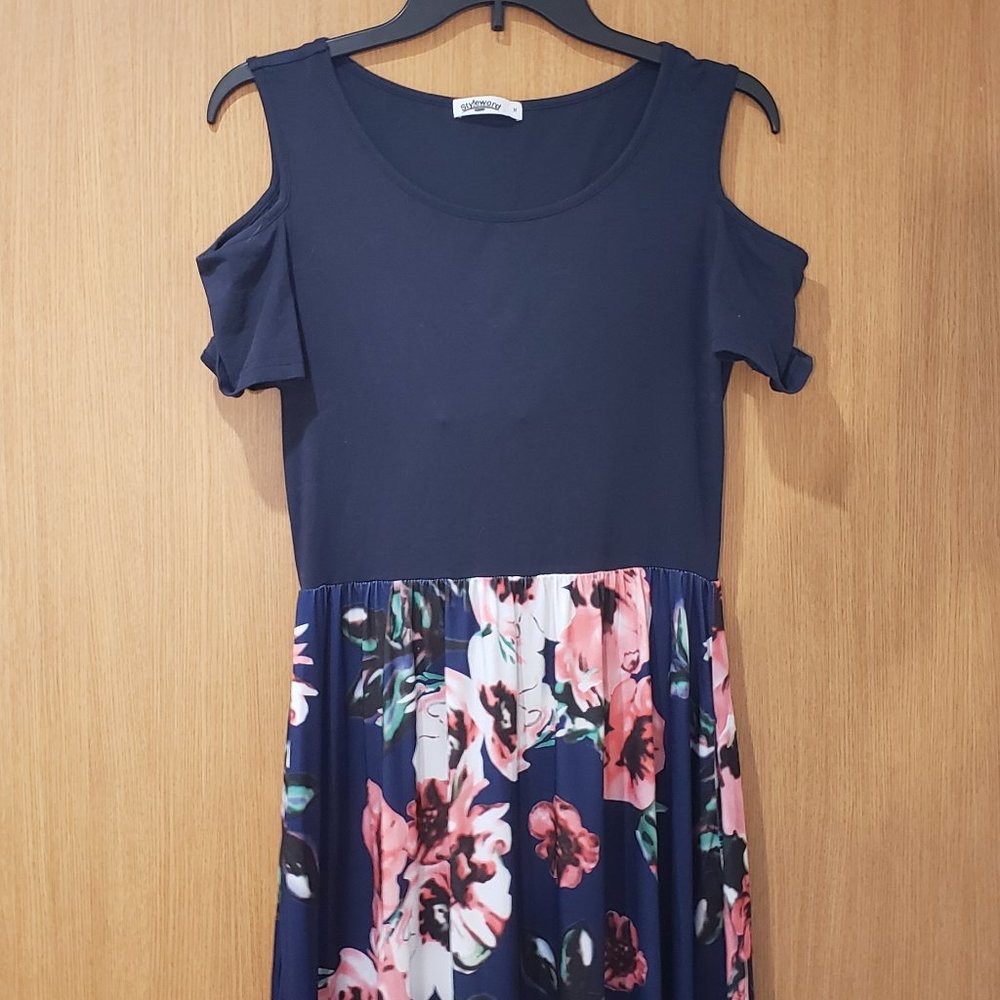Styleword, blue pink floral cap sleeve cold shoulder maxi dress, medium